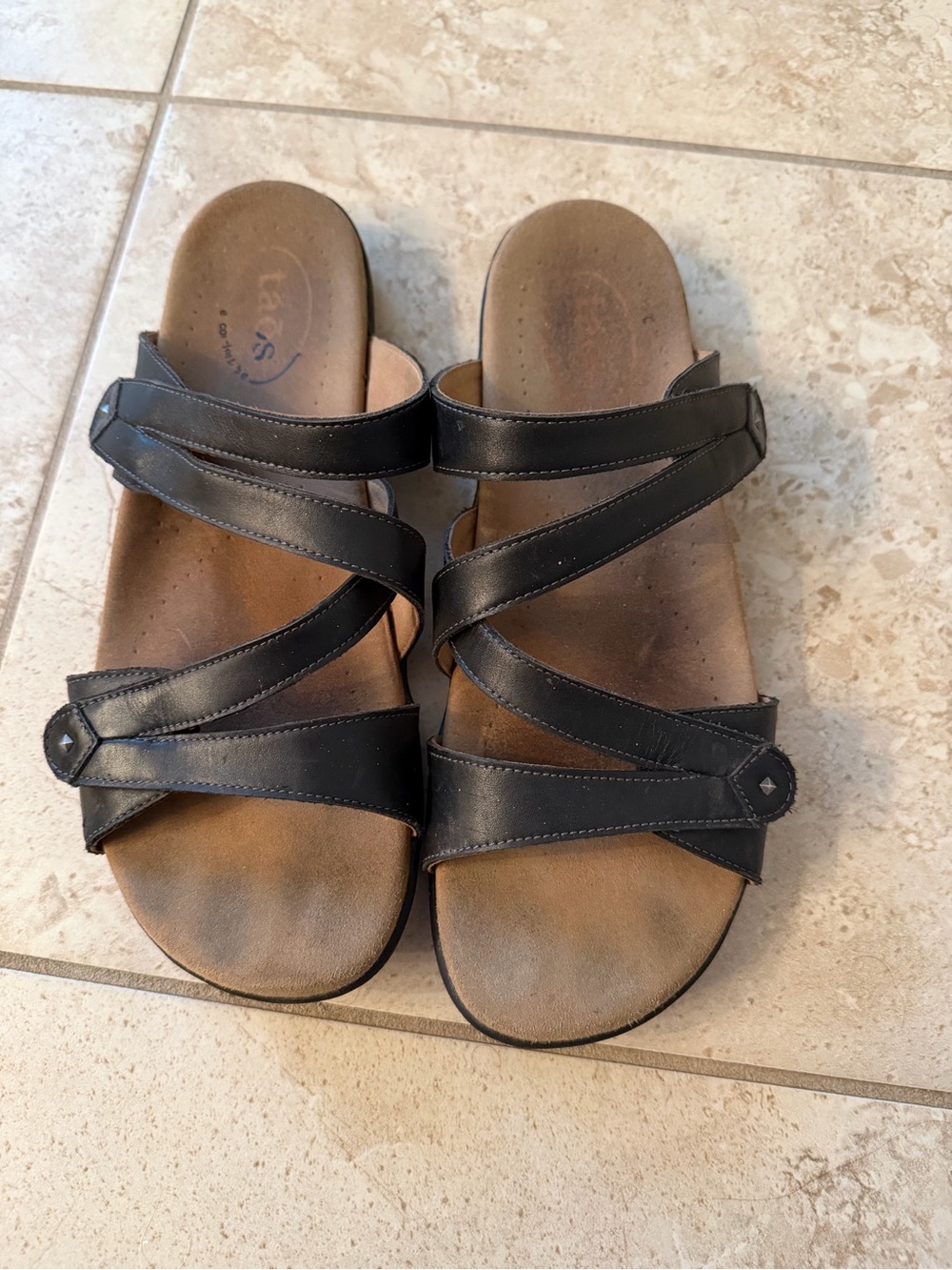 Taos Footwear Black Leather Cross-Strap Slide Sandals